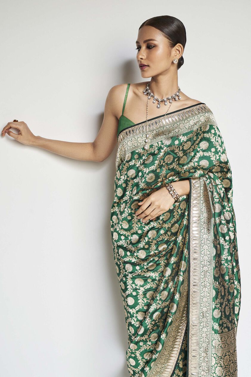 Madhusmita Benarasi Silk Embroidered Saree - Emerald Green, Emerald Green, image 5
